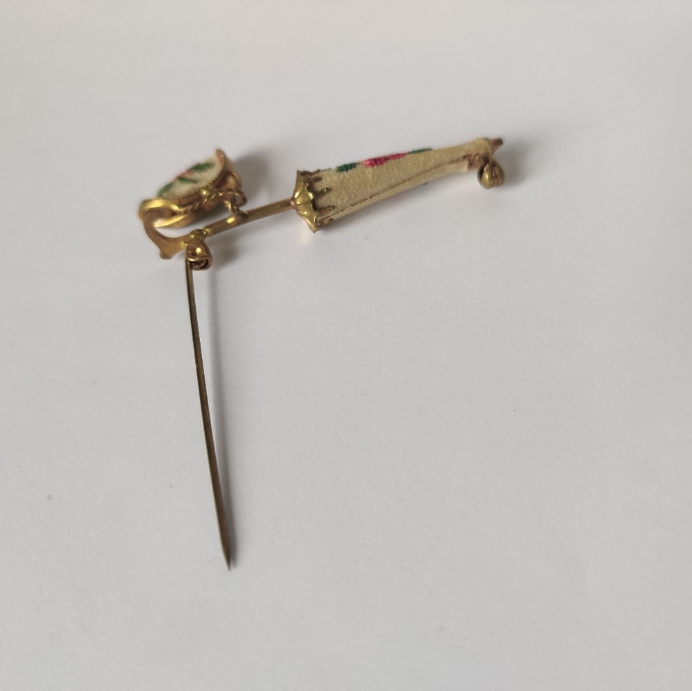 Vintage Parasol & Lady's Purse Brooch w/ Petit Point Embroidery - Picture 7 of 13